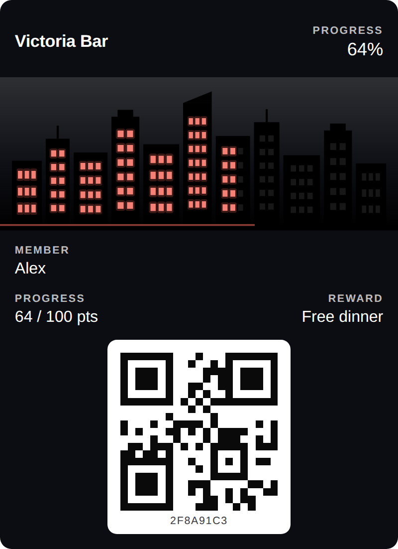 Fortschrittskarte in Apple Wallet — Hongkong-Skyline bei 64%